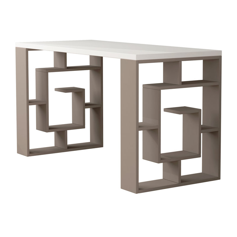 Labirent Modern Desk with Maze Design Legs, White/Light Mocha
