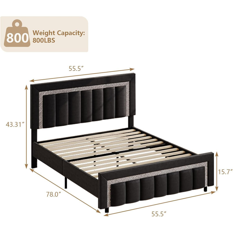 Full Black Velvet Upholstered Bed Frame with Diamond Tufted Headboard