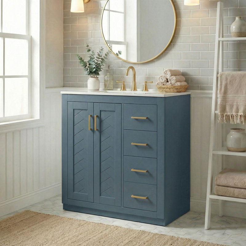 Meuble-lavabo 30 po avec lavabo intégré, 2 portes et 3 tiroirs de rangement, quincaillerie à fermeture en douceur, finition peinte