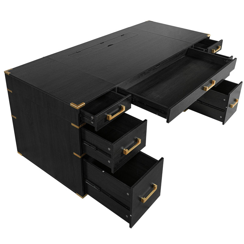 Bureau avec bordure en métal, 5 petits tiroirs, 2 classeurs pour installation de bureau, 7 prises de recharge classiques