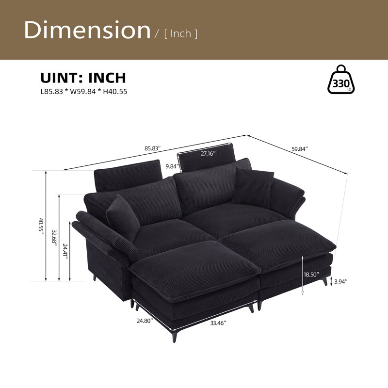 Canapé modulaire à assise profonde, canapé confortable avec repose-pieds Cloud, causeuse, canapé modulaire rembourré en velours côtelé 85,8 po pour salon, appartement et studio