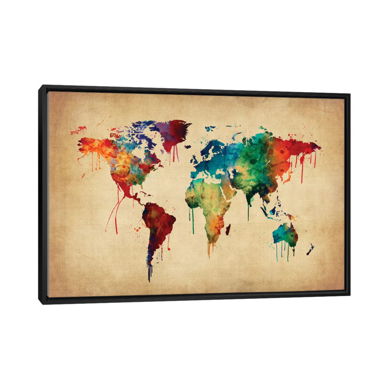 World Map Series: Dripping Effect II, impression sur toile tendue, H 18 po x l 26 po x P 1,5 po, Toile avec cadre noir