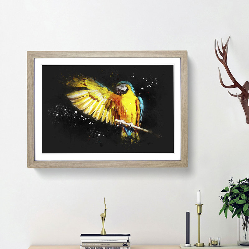 Yellow Macaw Parrot - Framed Print, 24cm H x 33cm W x 2cm D, Oak Framed