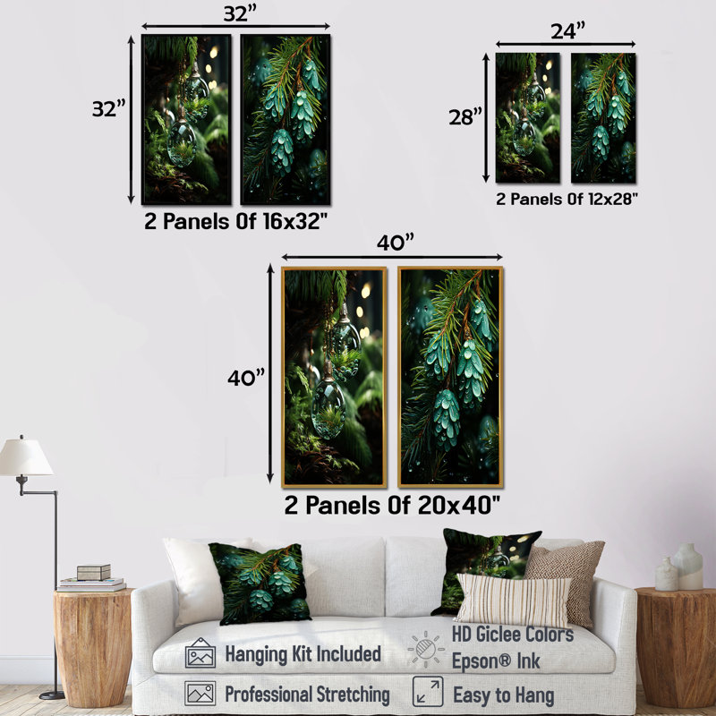 «Green Christmas Decoations Pine Tree I», ensemble d'art mural sur toile de pin, H 40 po x l 41 po, Encadrement brun