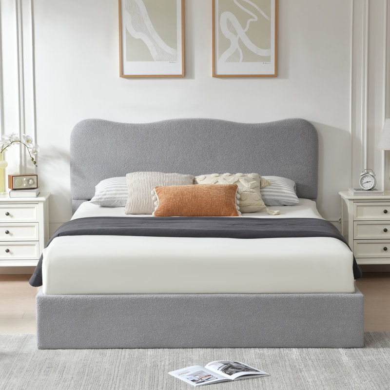 Lit plateforme tapissier Bensu Boucle, Grand, Gris clair