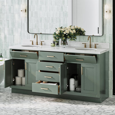 Meuble-lavabo double en bois massif 72 po Tidworth avec plateau en quartz blanc 1,5 po