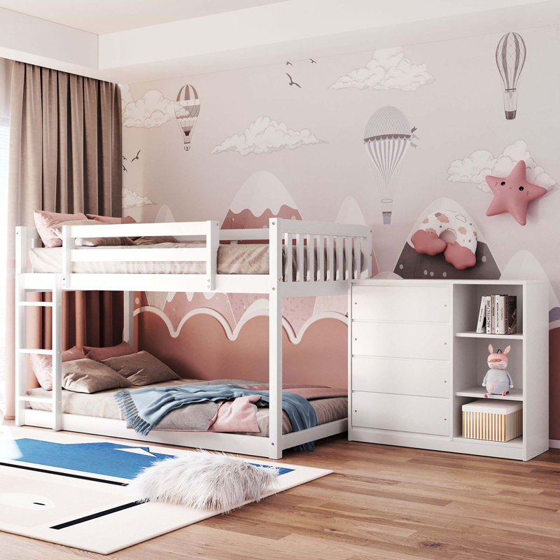 Lit superposé avec 4 tiroirs et 3 tablettes, Simple sur simple, Blanc