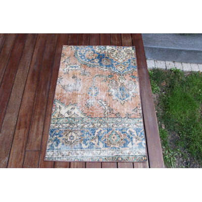 Tapis turc rétro orange pour le hall d'entrée avec un design Oushak authentique et un petit tapis de style bohème parfait