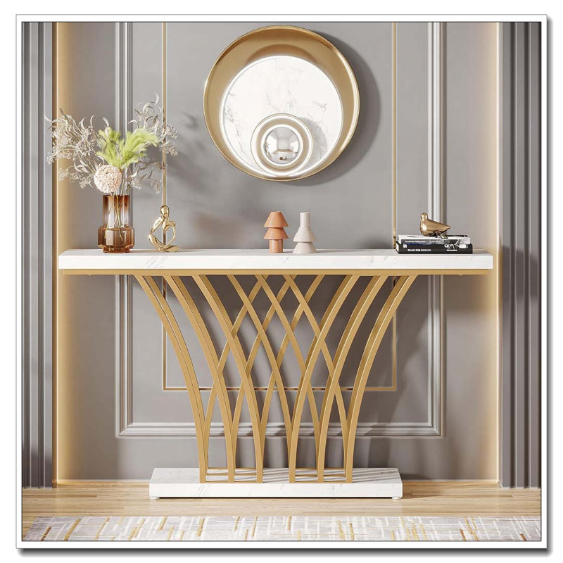 Modern Faux Marble Console Table with Gold Grid Metal Base