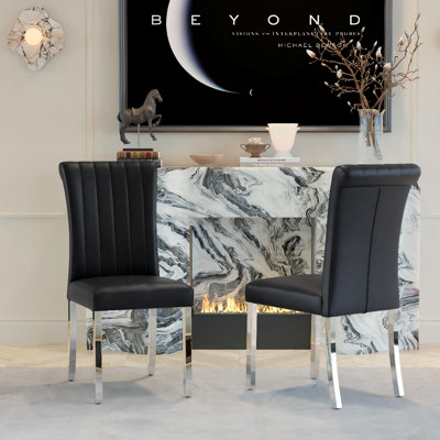  Modern Dining Chairs Set of 2, Black Leather Dining Room Chairs with Silver Stainless Steel Legs, Upholstered Chairs with High Back and Metal Chrome Legs for Kitchen/Living Room/Restaurant