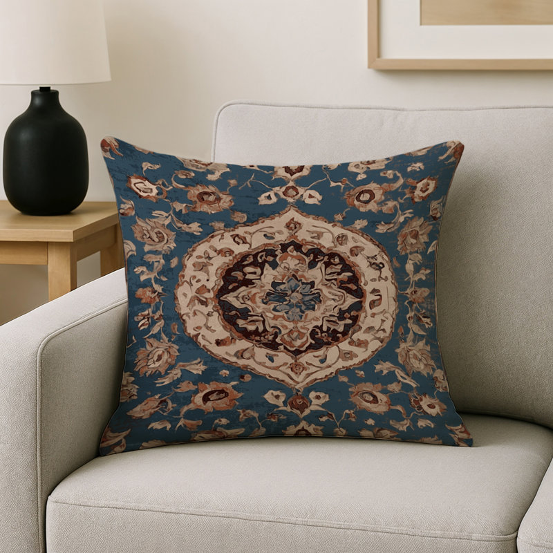 Coussin décoratif intérieur et extérieur Modern, Carré 16 po, Bleu marine / brun clair / beige damassé