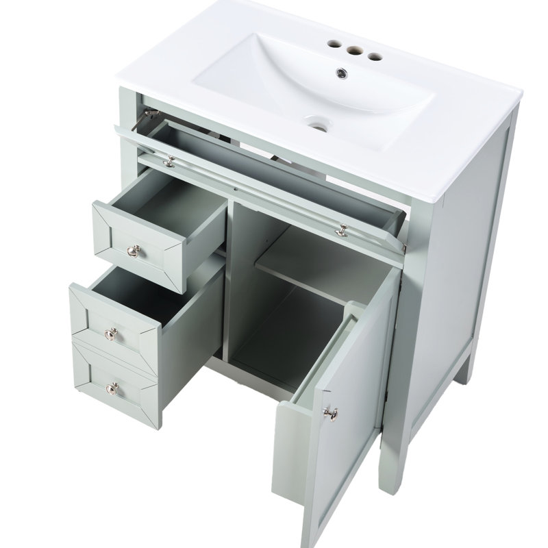 Meuble-lavabo gris en bois massif pour salle de bain avec lavabo en céramique, bac rabattable, tiroir simple, fermeture en douceur de 12 po, fonction lisse, - en gris, rangement triple encastré, patins antidérapants,
