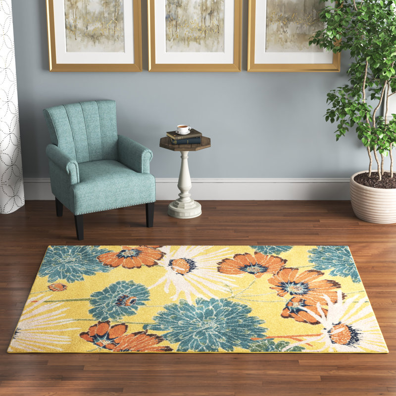 Tapis jaune à motif floral Lakenya, Rectangle 9 pi x 12 pi