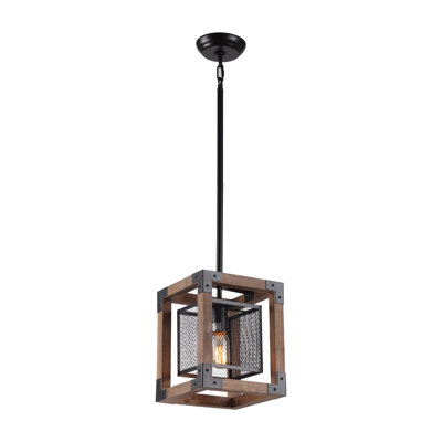 Luminaire suspendu carré en bois 1 lumière avec métal rustique