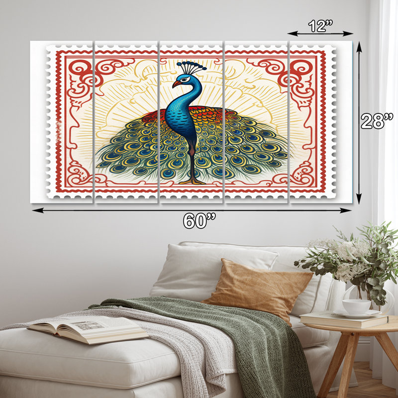 Illustration de timbre de Glorious Peacock IV - reproduction d'art sur toile, 5 panneaux égaux