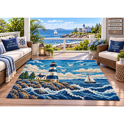 Tapis d'extérieur 152 x 213 cm (5 pi x 7 pi) Phare, motif océan côtier, épais, imperméable, en PVC bouclé, tapis de patio résistant, séchage rapide, idéal pour l'intérieur et l'extérieur (entrée, entrée).