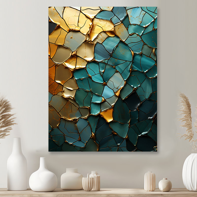 Abstrait bleu sarcelle or calcaire cristallin - marbre, art mural, H 20 po x l 12 po x P 1 po