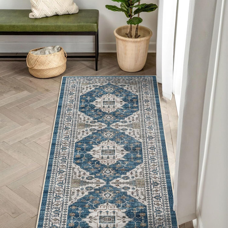Hallway Washable Rug - Kitchen Rugs Entryway Rug Vintage Soft Floor Mat Non Slip Indoor Farmhouse Carpet for Bathroom Living Room Bedroom (Blue)
