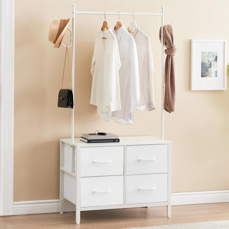 Clothes Rack with 4 Drawers, Storage Organizer with Metal Frame and Wooden Top, Industrial Garment Rack with Hanging Rod & 2 Side Hooks, Adjustable Wardrobe Storage Closet for Bedroom, Hallway