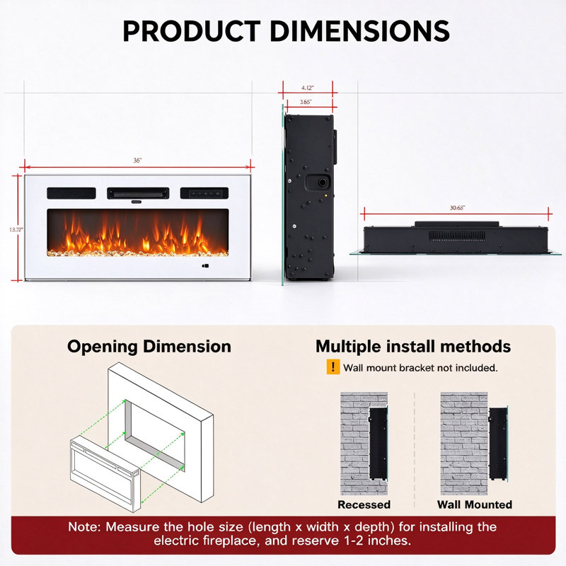 36" Electric Fireplace with 12 Flame Colors & Adjustable Brightness