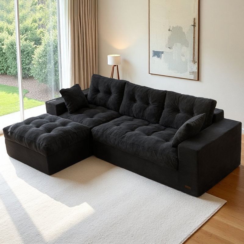 104"Cloud Modular Sectional Sofa,No Assembly Required Boneless Couch, Black Corduroy