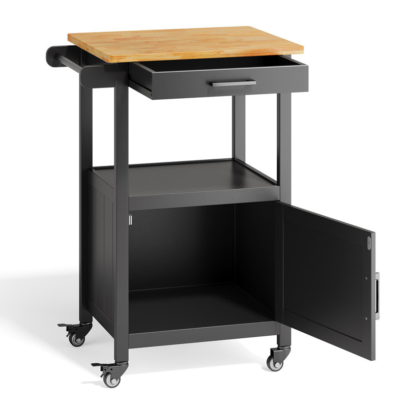 Wood Top Kitchen Cart with Open Storage Shelf, 1 Storage Cabinet, Wheels, 1 Drawer & Towel Rack, Black
