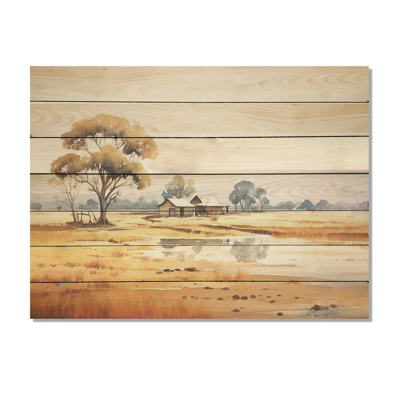 Beige, safari africain, paysage III - Afrique sur bois, H 34 po x l 44 po