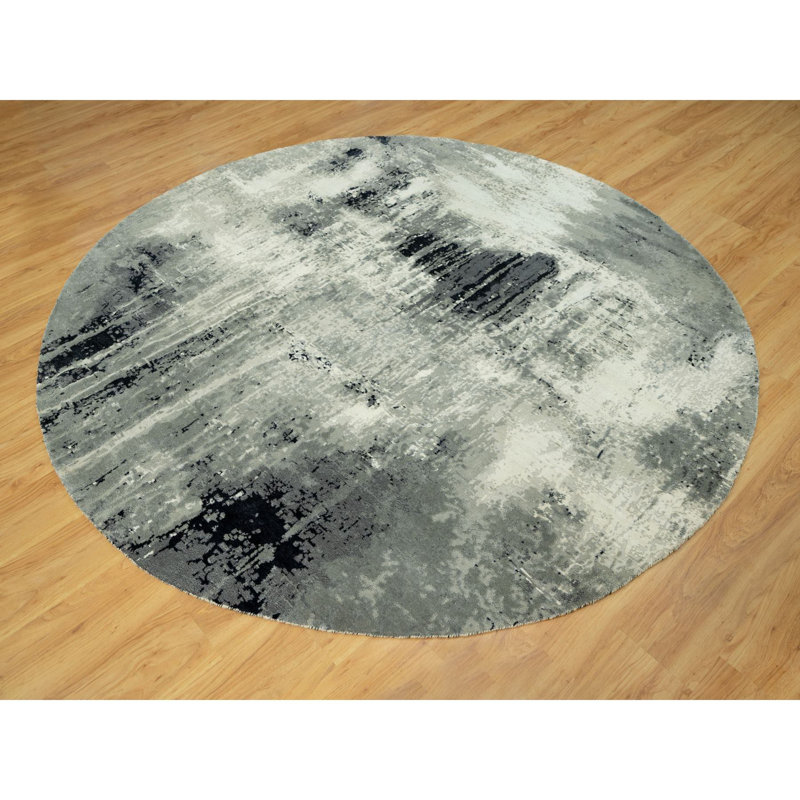8'x8' Ebony Black Abstract Design Wool and Silk Hand Knotted Round Rug