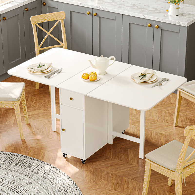No Assembly Required, 59'' White Folding Dining Table For Small Space, Rectangular Wooden Extendable Drop Leaf Table With Lockable Wheels And Storage For Kitchen Dining Living Room