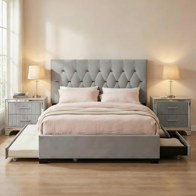 Ensemble de chambre à coucher 3 pièces avec lit plateforme, lit gigogne, tiroirs de rangement et 2 tables de chevet en acrylique avec pieds en métal argenté