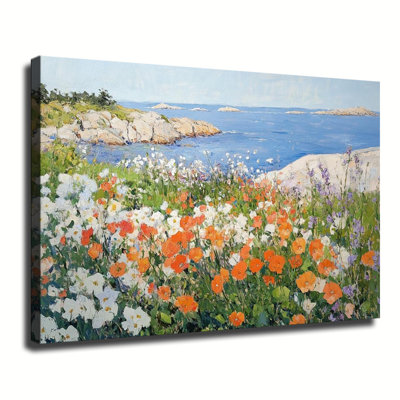 Paysage marin rocheux côtier avec pavots sauvages, peinture à l'huile, grande toile tendue sur châssis, idéale pour le salon ou la chambre.