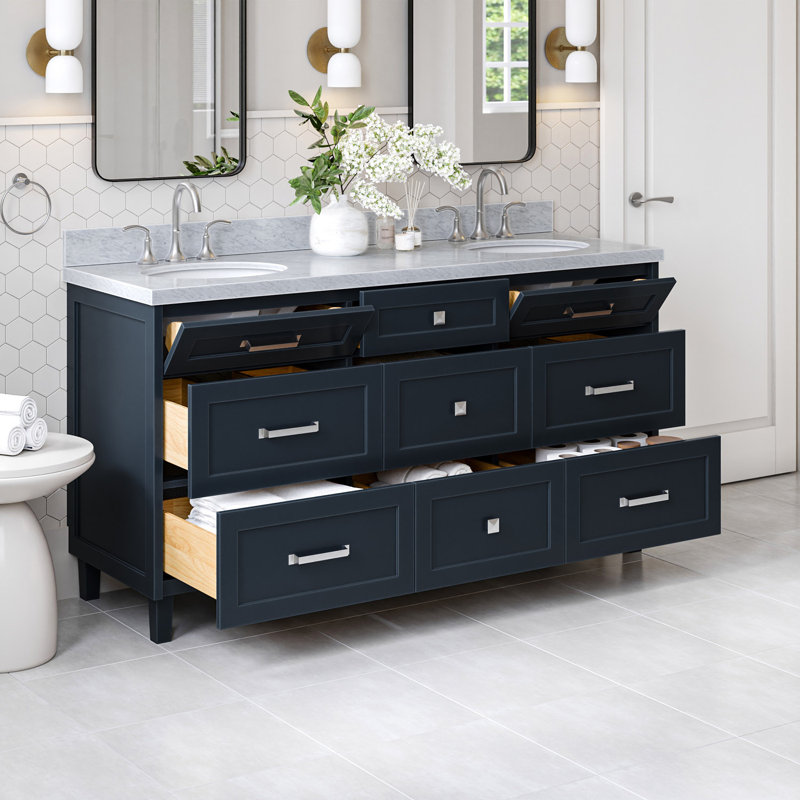 Ariel Monrow 67 Inch Double Oval Sink Bathroom Vanity With Italian Carrara Marble Countertop, Midnight Blue
