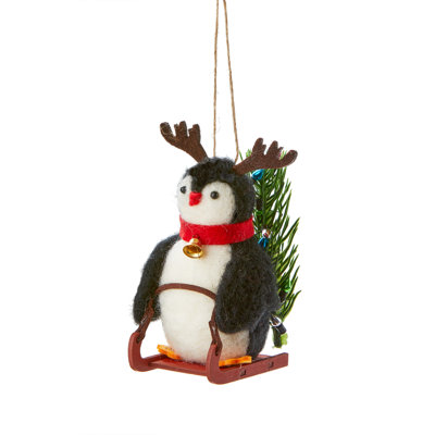 Sledding Penguin Ornament Black Wool Christmas