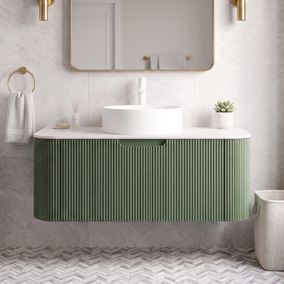 Meuble-lavabo mural 36 po pré-assemblé, armoire en contreplaqué avec tiroir à fermeture en douceur, comptoir en pierre frittée et lavabo vasque rond en céramique avec trou de robinet pré-percé