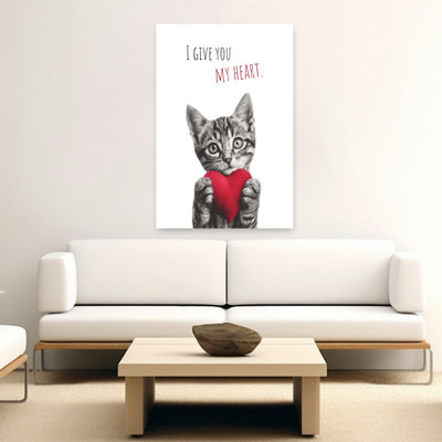 Adorable Kitten Heart Romantic Contemporary Cat Wall Art Print 1 Piece Wrapped Canvas Wall Art