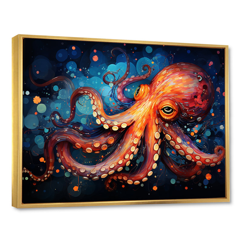 Octopus Expressionist Abyss I - Décoration murale pieuvre, Cadre flottant doré, H 24 po x l 32 po x P 1 po