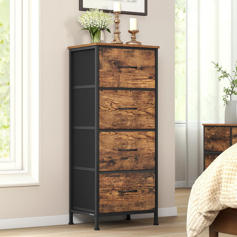Chest Of Drawers, 4 Fabric Drawers Storage Unit, Steel, MDF, Non-Woven Fabric, For Bedroom, Closet, Hallway, Living Room, Ink Black
