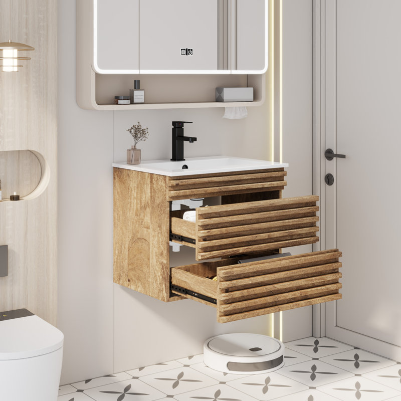 Meuble-lavabo mural simple de 24 po avec comptoir d'évier, robinet et drain en bois , certifié EPA, Chêne