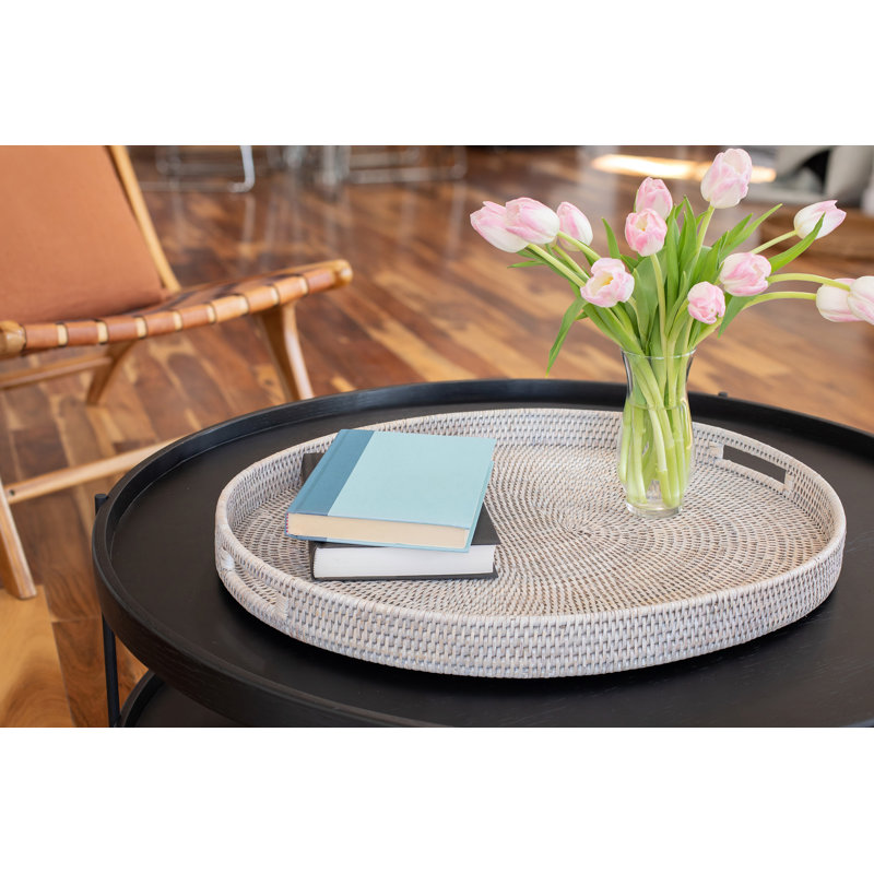 Ilonka Artifacts Rattan Oval Ottoman Tray With Cutout Handles, White Wash, 23"W x 20"D x 2"H