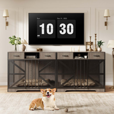  44" Farmhouse Dog Crate Furniture for Medium & Large Dogs Dog Kennel Furniture with Lockable Double Doors, 2 Storage Drawers & Open Shelf, Wooden Indoor Kennel Console Table，Grey