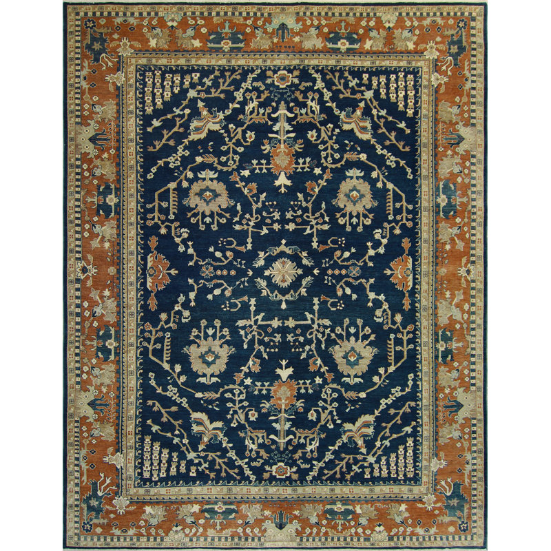 Tapis fin fait à la main Chobi Taraneh - bleu marine - rouille, 11 pi 7 po x 15 pi 1 po