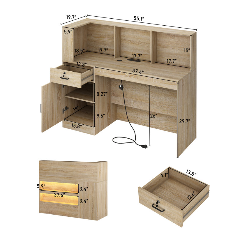 55" Reception Desk with LED Lights, Double-Layer Display Rack, L-Shaped Front Desk Reception Room Table Drawer With Lock