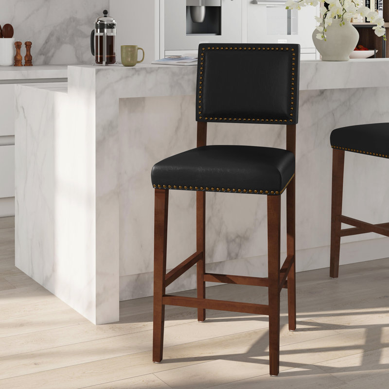 Husno Faux Leather Upholstered Solid Wood Counter & Bar Stool, Bar Stool (30" Seat Height), Black