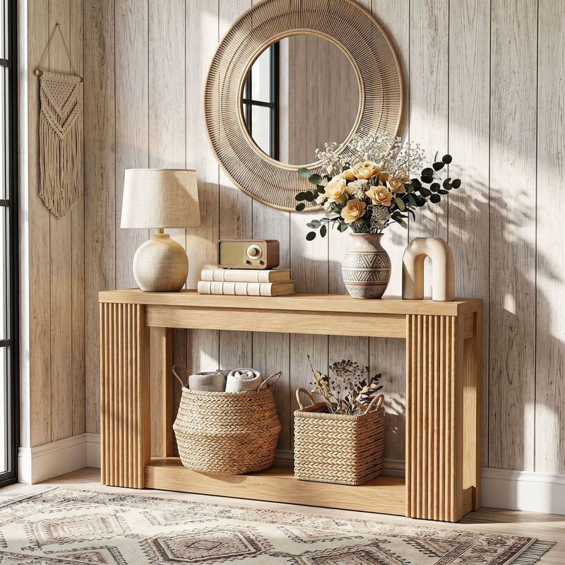 Console cannelée en bois avec 2 rangements, table d'entrée rectangulaire de 71 pouces derrière le canapé, Naturel