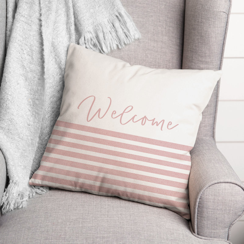 Housse et insert de coussin décoratif extérieur Welcome Stripes 13, Rose, 18 po x 18 po