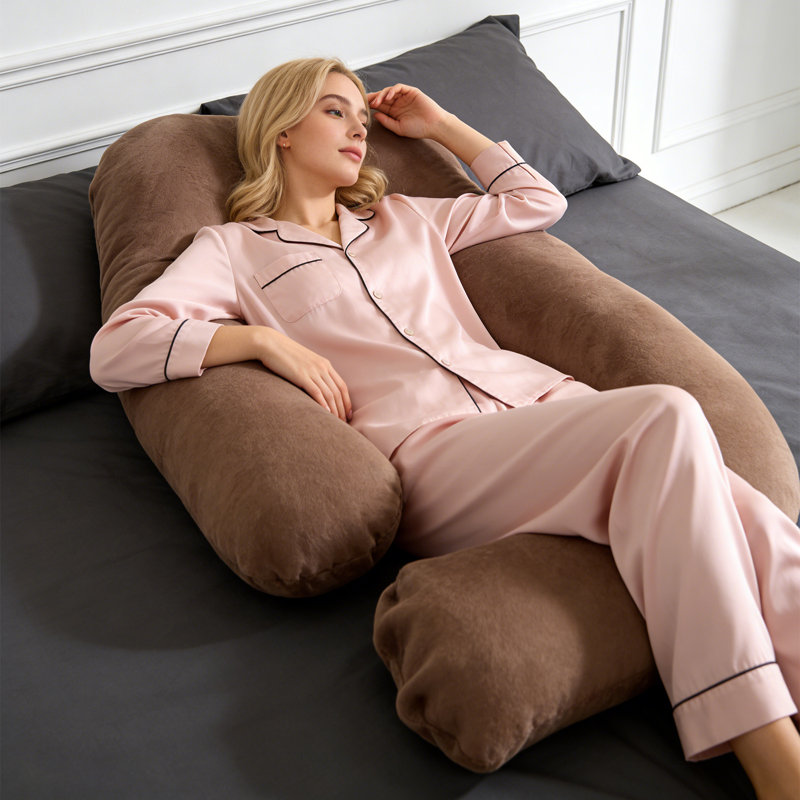 Coussin de grossesse en forme de J - Coussin de soutien de maternité pour le dos, les hanches et le ventre, café