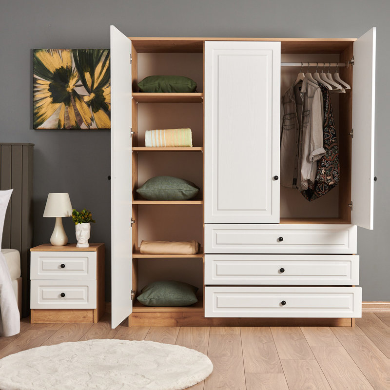 Sapphire Oak Wardrobe with 3 Doors & 3 Drawers, 20.5 x 59.1 x 74.8 inches | 100% Melamine Coated Chipboard, Easy Assembly, Friction Brake Hinges, Stylish Black Accents | Perfect for Modern Bedroom & Storage Solutions