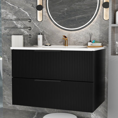 Meuble-lavabo flottant mural de 30 po avec lavabo en céramique et tiroirs en U noirs, conception élégante, grande solution de rangement, matériau à utilisation longue durée, processus d'assemblage rapide et moderne