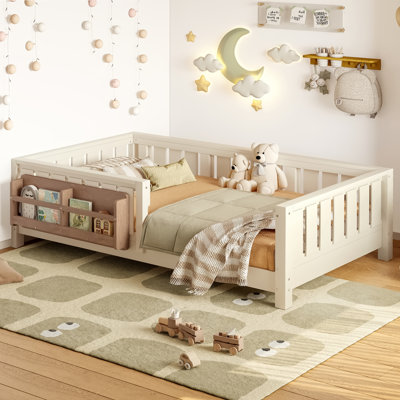 Lit simple avec bibliothèque intégrée et garde-corps de sécurité de haute qualité pour enfants, beige - peu encombrant et durable