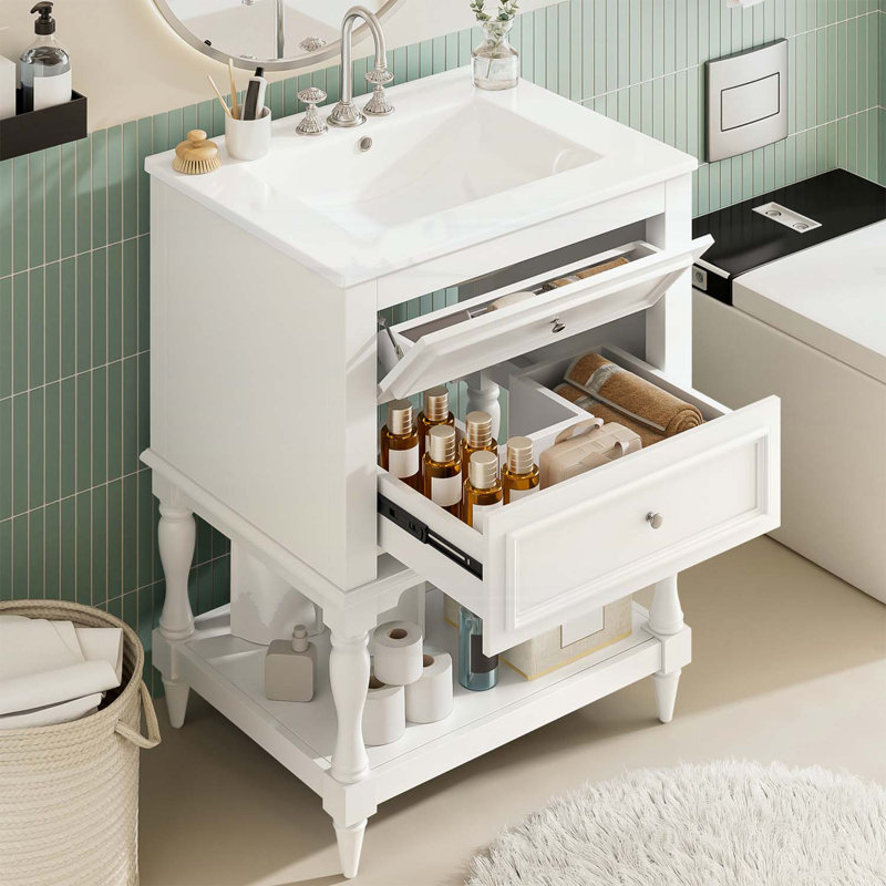24 Inch Retro Design Bathroom Vanity with Ceramic Sink, White